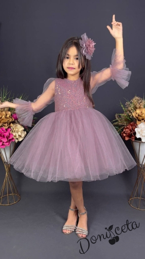 Официална Карин детска рокля с пайети ръкав 7/8 от тюл в пепел от рози с диадема с панделка