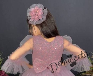 Официална Карин детска рокля с пайети ръкав 7/8 от тюл в пепел от рози с диадема с панделка 4