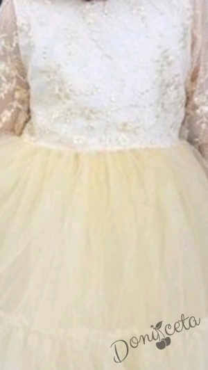 Официална детска рокля с дълъг ръкав  от дантела и тюл в екрю с панделка за коса Тера