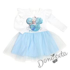 Детска рокля с дълъг ръкав в бяло и синьо с Елза  1