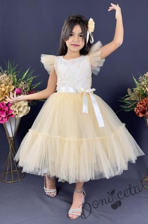 Детска официална рокля  в прасковено  с дантела Рене