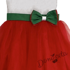 Детска дълга рокля в бяло, зелено и червено с тюл 2