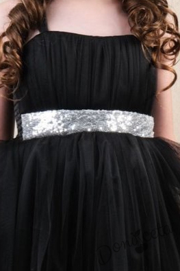 Официална детска дълга рокля без ръкав в черно с колан в сребристо и тюл 2