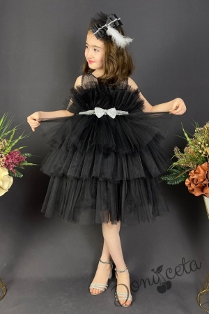 Официална детска рокля без ръкав с богат тюл в черно и панделка за коса Фрея