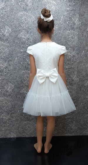 Официална детска  рокля в екрю с тюл с къс ръкав и харбало 5