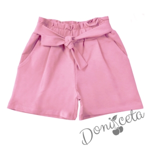 Детски комплект от къси панталонки в розово и туника с  в бяло 3
