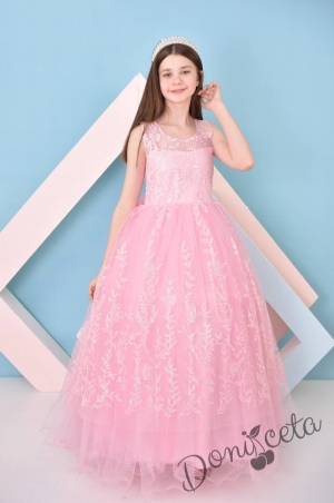 Официална дълга детска рокля Чия с тюл и цветя без ръкав 
