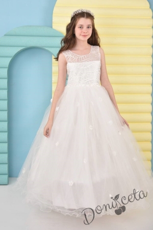 Официална дълга детска рокля Чия с тюл и цветя без ръкав  в бяло