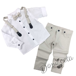 Комплект от риза в бяло, тиранти, папийонка и панталони в светло бежово 1