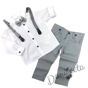 Комплект от риза в бяло, тиранти, папийонка и панталони в сиво