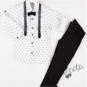 Комплект от риза с дълъг ръкав в бяло, тиранти, панталони и папийонка в черно 1