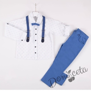 Комплект от риза с дълъг ръкав в бяло, тиранти, панталони и папийонка в синьо 1