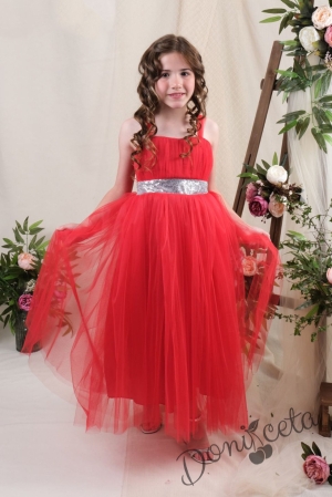 Официална детска дълга рокля без ръкав в червено Даналия с колан в сребристо и тюл 1