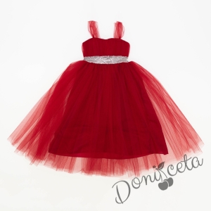 Официална детска дълга рокля без ръкав в червено Даналия с колан в сребристо и тюл 2