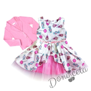 Комплект от официална детска рокля с бонбони с цветя с тюл и сако в розово 1