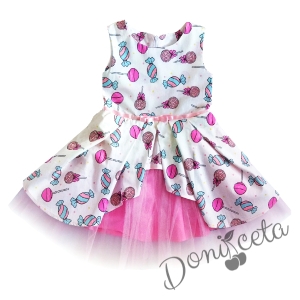 Комплект от официална детска рокля с бонбони с цветя с тюл и сако в розово2