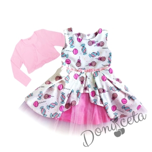 Комплект от официална детска рокля с бонбони с тюл и болеро в розово 1