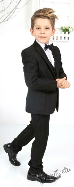 Официален костюм момче в черно от елек, сако, риза в бяло, панталон и папийонка