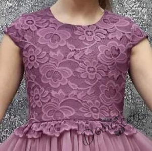 Детска официална рокля с къс ръкав с дантела в лилаво 2