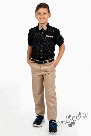 Комплект от риза в черно на точки, панталон в бежово и папийонка и колан 1