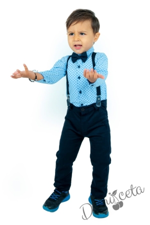 Set of pants in black and shirt in turquoise , suspenders and bow tie