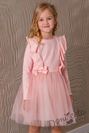 Детска рокля в розово с дълъг ръкав с тюл и къдрици