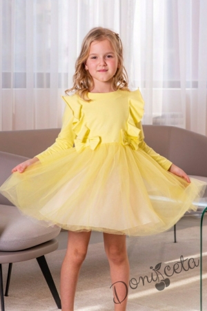Детска рокля в жълто с дълъг ръкав с тюл и къдрици 1