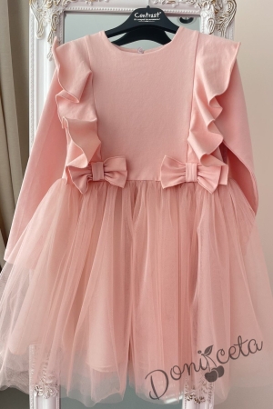 Детска рокля в розово с дълъг ръкав с тюл и къдрици 2