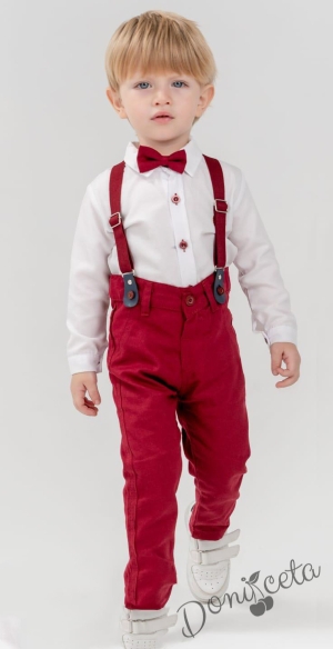 Бебешки комплект от панталон в червено, боди-риза в бяло, тиранти и папийонка  1