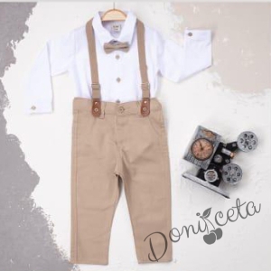 Бебешки комплект от панталон в бежово, боди-риза в бяло, тиранти и папийонка 
