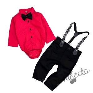 Бебешки комплект от боди-риза в червено панталон,тиранти и папийонка в черно 7683476 1