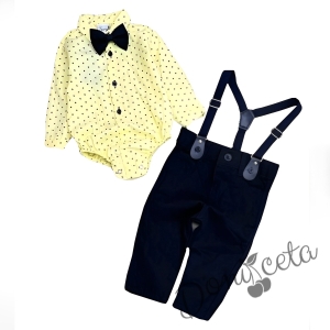 Бебешки комплект от боди-риза в жълто панталон,тиранти и папийонка в черно 7683478 1
