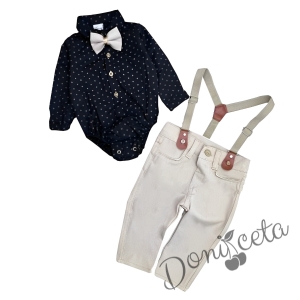 Бебешки комплект от боди-риза вчерно панталон,тиранти и папийонка в бежово 7683479 1