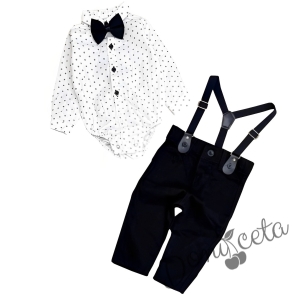 Бебешки комплект от боди-риза в бяло панталон,тиранти и папийонка в черно 76834710  1
