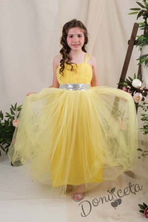 Официална детска дълга рокля Даналия без ръкав в жълто с тюл 2