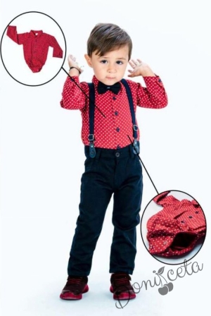 Бебешки комплект от боди-риза в червено панталон,тиранти и папийонка в черно 357951 1