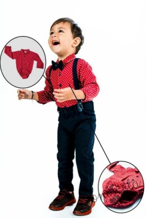 Бебешки комплект от боди-риза в червено панталон,тиранти и папийонка в черно 357951 2