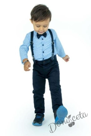 Baby bodyshirt set in light blue pants, suspenders and bow tie in dark blue 357952