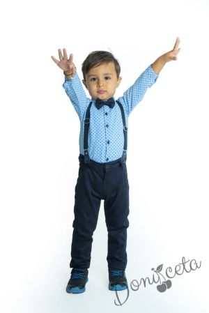 Baby bodyshirt set in light blue pants, suspenders and bow tie in dark blue 357952