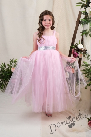 Официална детска дълга рокля Даналия без ръкав в нежен розов цвят с тюл 65655767 1