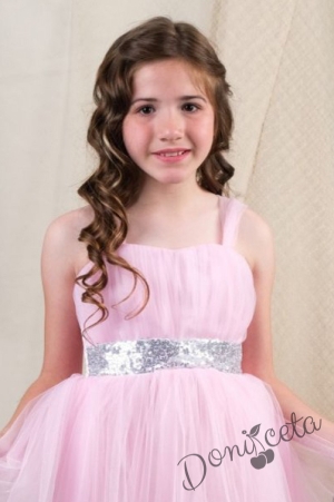Официална детска дълга рокля Даналия без ръкав в нежен розов цвят с тюл 65655767 2