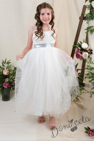 Официална детска дълга рокля без ръкав в бяло Даналия с колан в сребристо и тюл 58768787