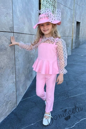 Стилен детски комплект за момиче от панталон, риза с дълъг ръкав и шапка в розово 1