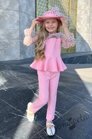 Стилен детски комплект за момиче от панталон, риза с дълъг ръкав и шапка в розово 3