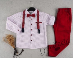 Комплект от риза в бяло.панталон, тиранти с орнаменти и папийонка в червено