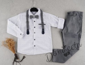 Комплект от риза в бяло.панталон, тиранти и папийонка в сиво