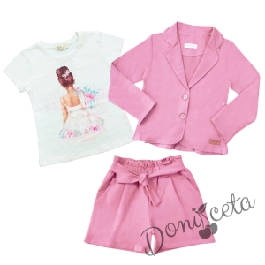 Детски комплект от сако, къси панталони в розово и тениска в екрю