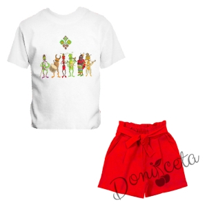 Летен комплект момиче от къси панталони в червено и забавна тениска