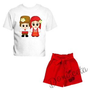 Летен комплект момиче от къси панталони в червено и тениска с народни мотиви
