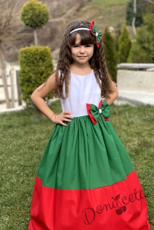 Детска дълга рокля в бяло, зелено и червено 7